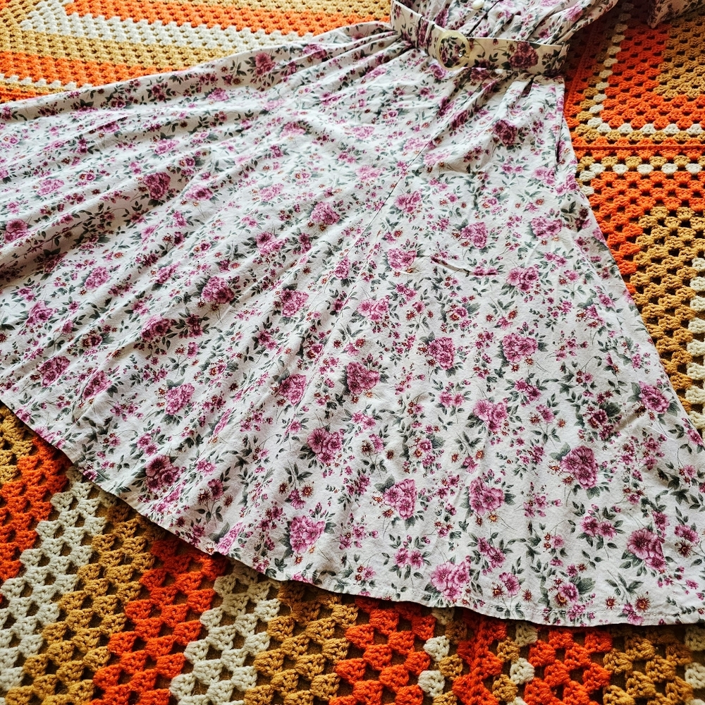 80s Floral Pink Green Cotton Midi Tea Dress With Matching Belt Handmade Vintage - Picture 7 of 10